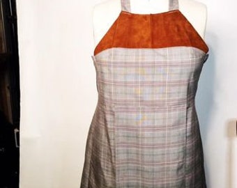 Upcycled Suede on a Glen Plaid Pleated Jumper Dress