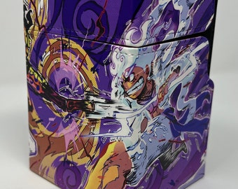 May include: Purple and white deck box with a graphic of a character with white hair and a purple and yellow background.