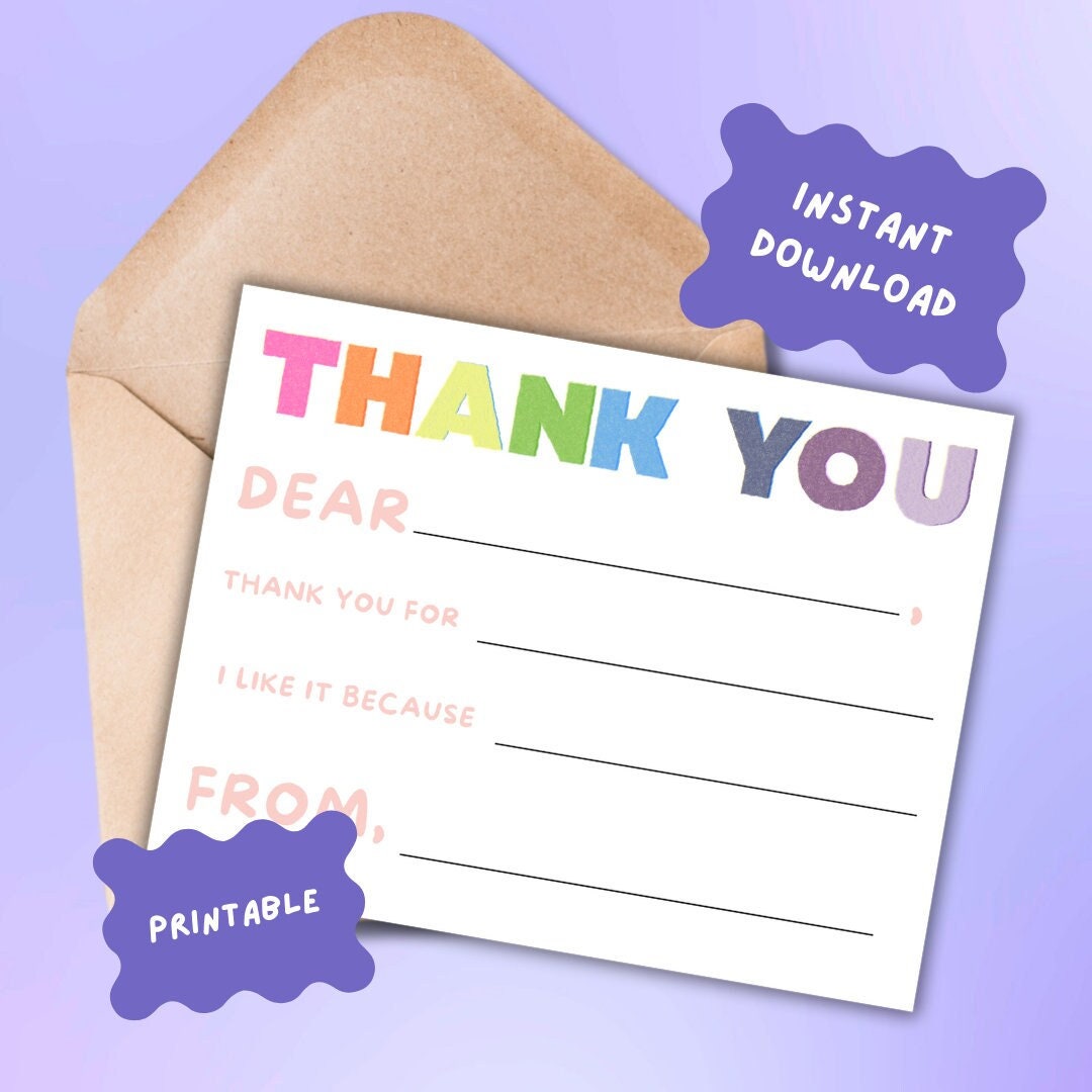 Kids Fill in Thank You Notes, Note Card, Birthday Thank You, Party