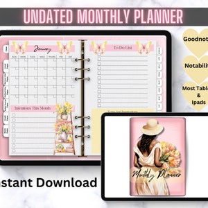 Undatierter digitaler Monatsplaner mit Blumenmuster Goodnotes-Planer Jährlicher Monatsplaner Rosa-Gelber Frühlings-Monatsplaner Wochenplaner