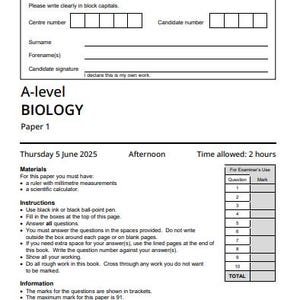 Puede incluir: Examen de Biología de nivel A, Papel 1. El documento incluye secciones para la información del centro y del candidato, instrucciones y una tabla para uso del examinador. La fecha es el jueves 5 de junio de 2025, con un límite de tiempo de 2 horas.