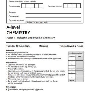 以下が含まれることがあります： AQAのAレベル化学試験問題、ペーパー1：無機および物理化学。2025年6月10日火曜日。受験者の詳細、指示、採点表のセクションが含まれています。制限時間：2時間。