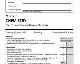 A level Paper 1,2 & 3 Chemistry AQA 2025