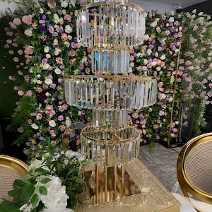 2 Pack | Gold 40″ Tall 5-Tier Crystal Glass Pendant Stand, Wedding Centerpieces, Table Centerpieces Stand