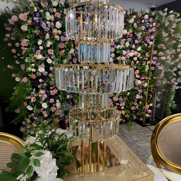 2 Pack | Gold 40″ Tall 5-Tier Crystal Glass Pendant Stand, Wedding Centerpieces, Table Centerpieces Stand