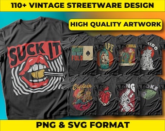 Vintage Streetwear T-Shirt Designs: 118 PNG & SVG Graphics (Digital Download)