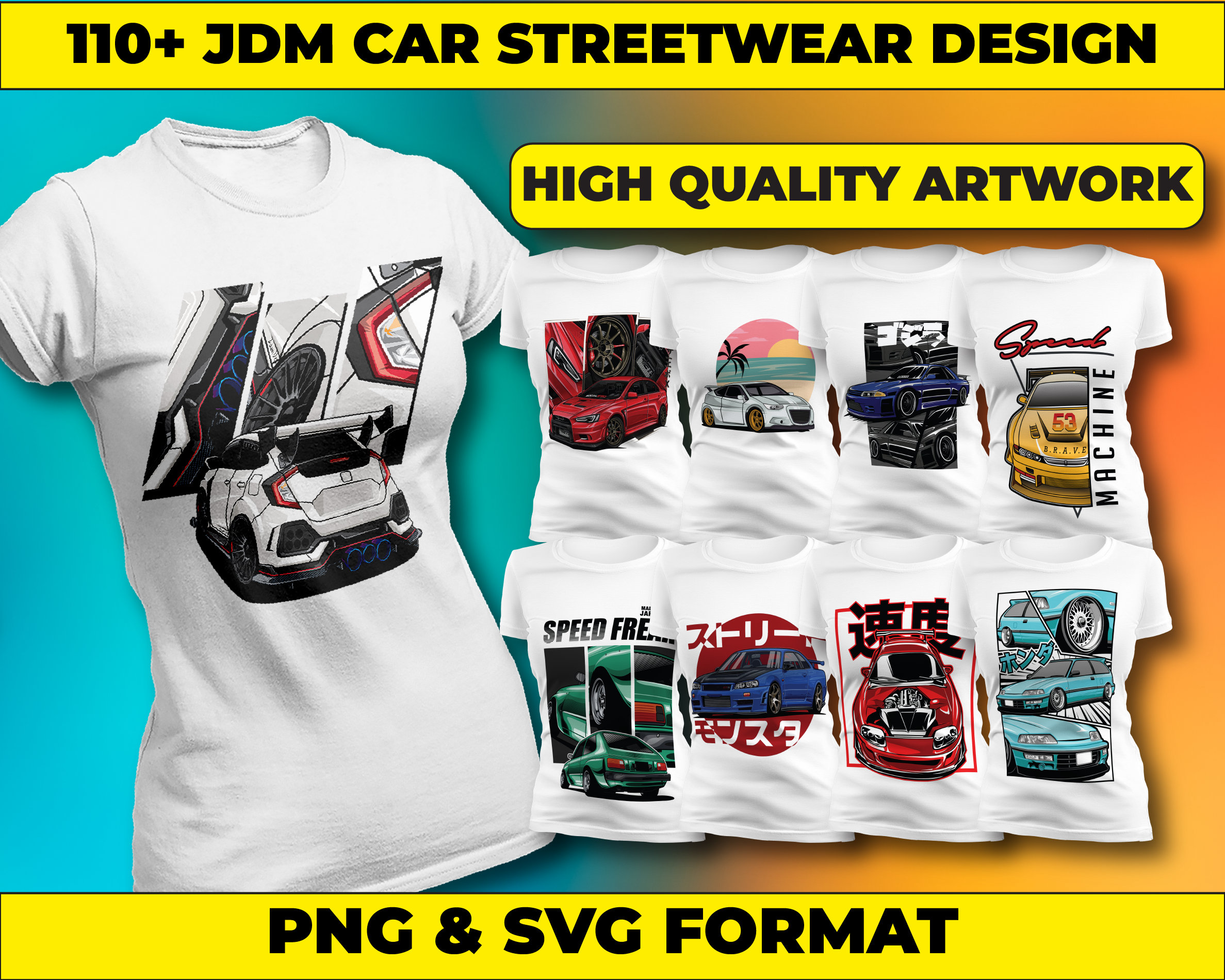110+ JDM Cars Streetwear Designs, T-shirt Design Bundle