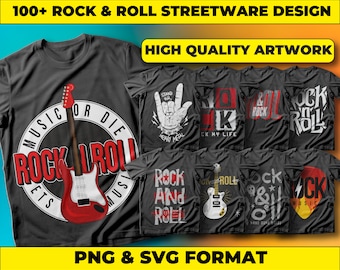100+ Rock & Roll T-Shirt Designs: Streetwear Graphics Bundle (PNG, SVG)