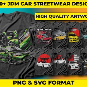 May include: A collection of t-shirt designs featuring illustrations of Japanese Domestic Market (JDM) cars. The designs include a green and black car with the word "TOMEI" on the side, a red car with the word "RACING" on the side, a yellow car with the words "THE BEAST SPORT CAR" on the side, and a blue car with the word "JAPAN" on the side. The designs are available in PNG and SVG format.