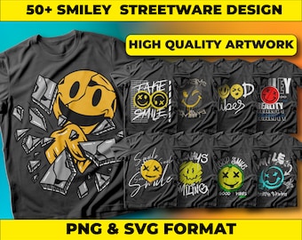 Smiley Face Streetwear Designs: T-Shirt Graphics Bundle (PNG, SVG)