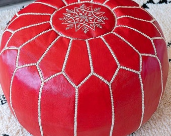 Red Leather Pouf, Handmade Moroccan Chairs And Ottomans, Genuine Leather Stool, Unique Home Gift, Vintage Decor, Moroccan pouf.