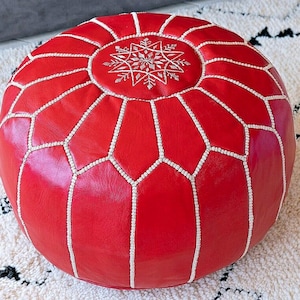 Red Leather Pouf, Handmade Moroccan Chairs And Ottomans, Genuine Leather Stool, Unique Home Gift, Vintage Decor, Moroccan pouf.