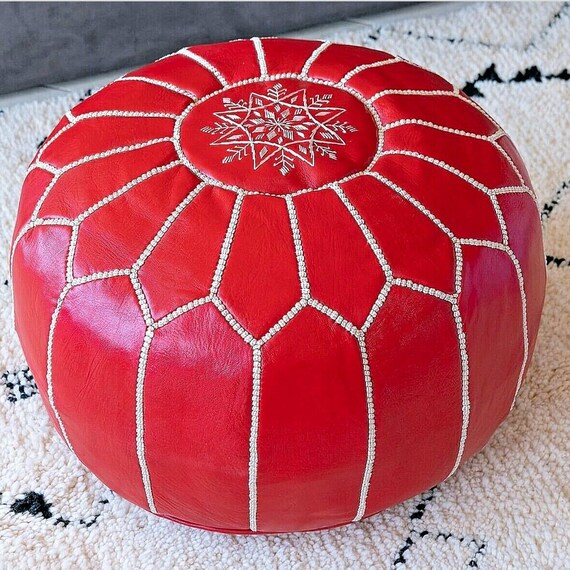 Red Leather Pouf Handmade Moroccan Chairs and Ottomans Genuine Leather Stool Unique Home Gift Vintage Decor Moroccan Pouf. Etsy