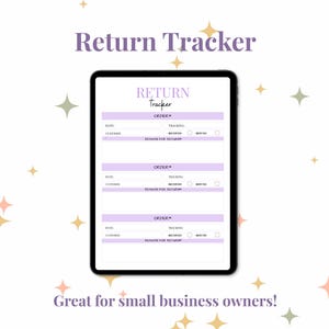 Puede incluir: Una tableta digital muestra una plantilla de seguimiento de devoluciones con campos para detalles del pedido, seguimiento e información de reembolso. El texto "Return Tracker" está en la parte superior, con la frase "Great for small business owners!" en la parte inferior.
