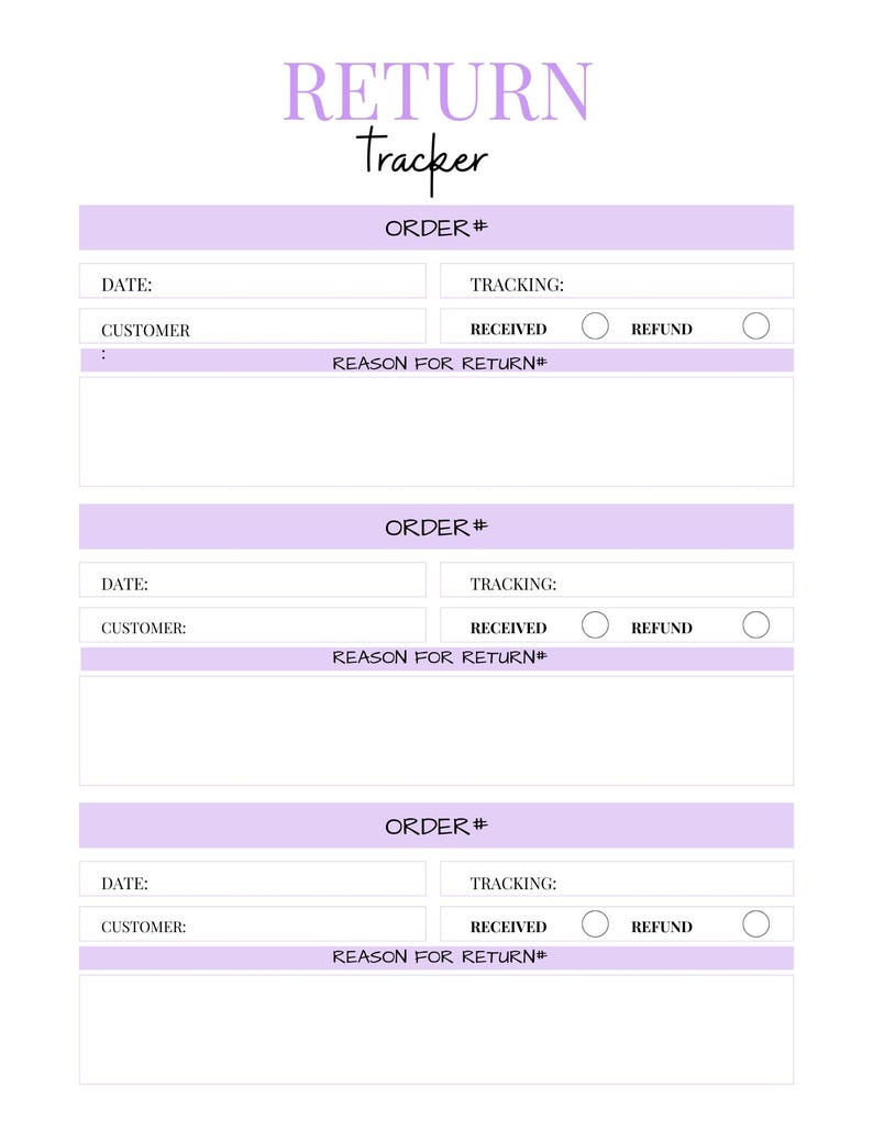 Return Tracker Log Printable | Return Organizer | Refund Tracking Sheet ...