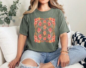 Boho Wildflowers Comfort Colors T-Shirt, Folk Art Cottagecore Clothing