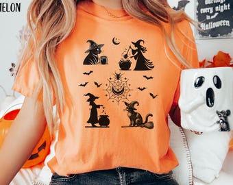 Comfort Colors Witchy Cat T-Shirt: Halloween Black Cats & Cauldrons Tee