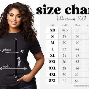 Pu&ograve; includere: Tabella delle taglie per le t-shirt Bella Canvas 3001, che mostra le misure in pollici per le taglie XS a 5XL. La tabella elenca le misure di larghezza, petto e lunghezza per ogni taglia.