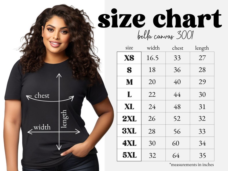 Pu&ograve; includere: Tabella delle taglie per le t-shirt Bella Canvas 3001, che mostra le misure in pollici per le taglie XS a 5XL. La tabella elenca le misure di larghezza, petto e lunghezza per ogni taglia.