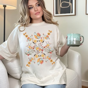 Cottagecore Birds and Flowers T-Shirt, Boho Folk Art Bird Shirt, Boho TShirt, Cottagecore Shirt, Wildflower Shirt, Bird Gift, Flower Gift
