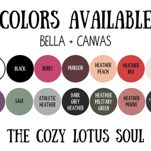 Pu&ograve; includere: Una cartella colori che mostra i diversi colori disponibili per l'abbigliamento Bella + Canvas. I colori includono bianco, nero, bacca, marrone, pesca melange, rosso melange, naturale, viola melange da squadra, salvia, melange atletico, melange grigio scuro, verde militare melange, malva melange e blu navy melange.