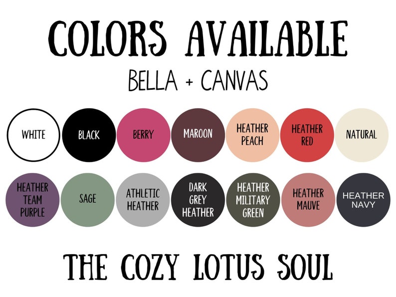 Pu&ograve; includere: Una cartella colori che mostra i diversi colori disponibili per l'abbigliamento Bella + Canvas. I colori includono bianco, nero, bacca, marrone, pesca melange, rosso melange, naturale, viola melange da squadra, salvia, melange atletico, melange grigio scuro, verde militare melange, malva melange e blu navy melange.