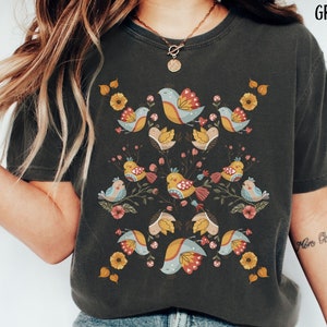 Cottagecore Birds and Flowers T-Shirt, Boho Folk Art Bird Shirt, Boho TShirt, Cottagecore Shirt, Wildflower Shirt, Bird Gift, Flower Gift
