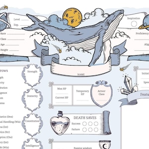 Puede incluir: Una hoja de personaje para un juego de rol, con una ilustración de una ballena azul. La hoja incluye secciones para la información del personaje, las tiradas de salvación, las habilidades, las tiradas de muerte, las armas, los ataques, los conjuros, el equipo y otras habilidades e idiomas.