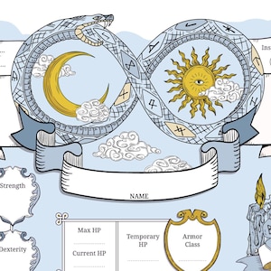 May include: A blue and white character sheet for a tabletop role-playing game. The sheet includes sections for character information, saving throws, skills, death saves, weapons, attacks, spellcasting, equipment, and other proficiencies and languages.