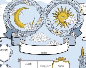 Ouroboros DnD Character Sheet – Mystical Snake, Moon & Sun (Printable PDF)