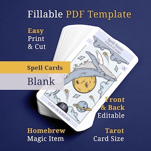 May include: A stack of blank spell cards with a whale illustration, a yellow sun, and a planet. The cards are labeled "Spell Cards Blank", "Homebrew Magic Item", and "Tarot Card Size". The text "Fillable PDF Template" is at the top.