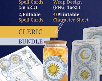 DnD 5e Cleric Bundle – Tarot Size Spell Cards, Character Sheet, Libbey Can Wrap