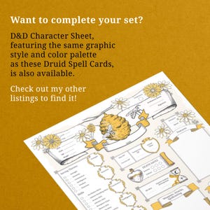 Promotional image showing the pre-filled Druid Spell Card Deck. A stack of tarot-sized cards with the honey bee design, directing customers to the full class deck listing if they prefer ready-made spells.