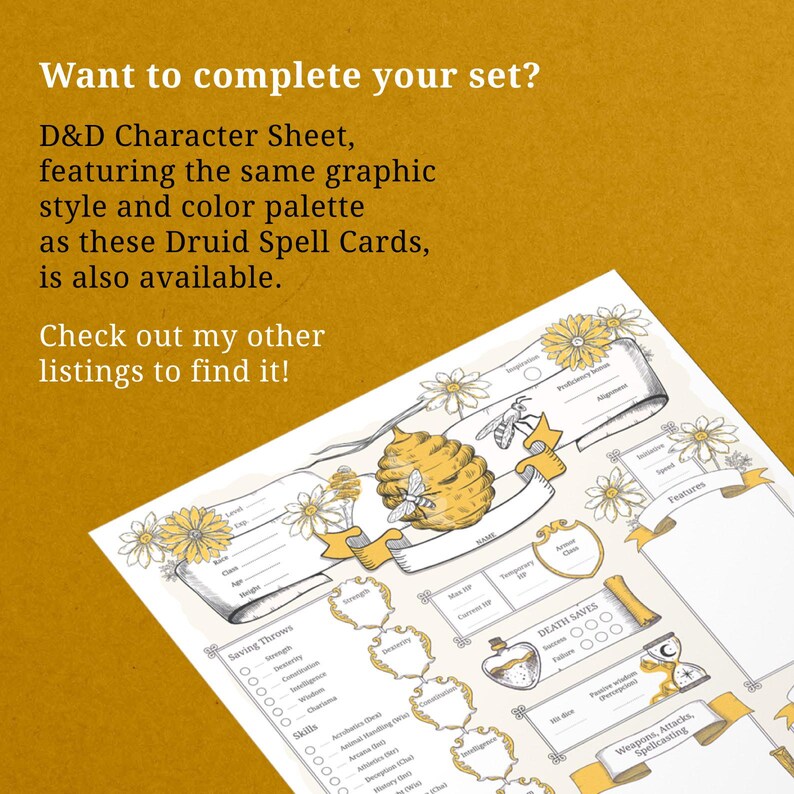 Promotional image showing the pre-filled Druid Spell Card Deck. A stack of tarot-sized cards with the honey bee design, directing customers to the full class deck listing if they prefer ready-made spells.