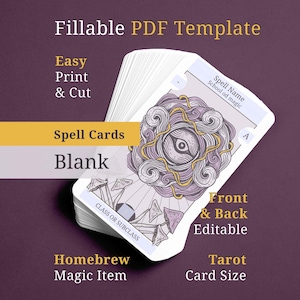 Pode incluir: Um baralho de cartas de feitiço em branco com um design de olho detalhado, com texto que diz "Fillable PDF Template", "Easy Print & Cut" e "Tarot Card Size". As cartas são projetadas para itens mágicos caseiros.