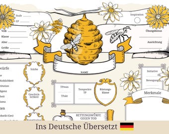 DnD 5e German Character Sheet: Bee & Honeycomb Theme (Printable)