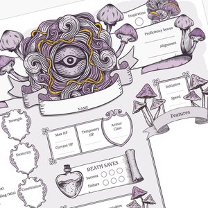 Puede incluir: Una hoja de personaje de fantasía con una ilustración detallada de un ojo arremolinado rodeado de setas. La hoja presenta secciones para estadísticas como Fuerza, Destreza e Inteligencia, junto con espacios para HP, Clase de Armadura y Tiradas de Salvación. La paleta de colores es principalmente morada y blanca.