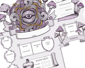 Mystical DnD Character Sheet – Eldritch Eye, Mushrooms (PDF)
