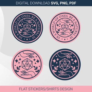 Puede incluir: Cuatro diseños circulares que presentan un dado de 20 caras, manos y estrellas. Dos diseños tienen un fondo rosa con un contorno azul marino, y dos diseños tienen un fondo azul marino con un contorno rosa. El texto "In a world of ones, be a natural 20" se muestra en los dos diseños superiores.