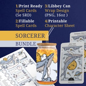 DnD 5e Zauberer Bundle - Tarot Size Zauberkarten, Charakterbogen, Libbey Dosenverpackung