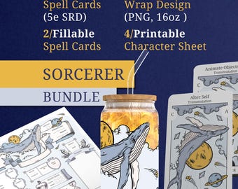 DnD 5e Sorcerer Bundle – Tarot Size Spell Cards, Character Sheet, Libbey Can Wrap
