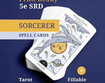 DnD 5e Sorcerer Spell Cards – Tarot Size, Cosmic Whale Design (PDF)