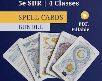 DnD 5e Spell Card Bundle – 4 Full Classes: Warlock, Cleric, Druid, Sorcerer (PDF + Fillable)