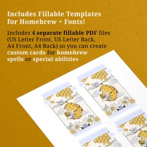 Preview of the digital PDF files included in the download. Shows US Letter and A4 sheets with blank, fillable templates where users can type their own homebrew spells or abilities using Adobe Reader.