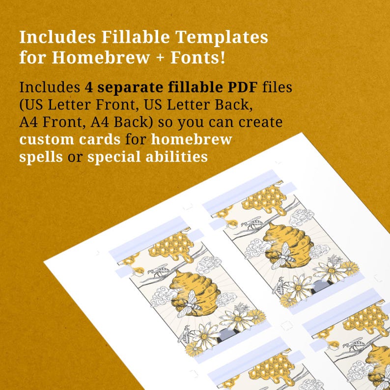 Preview of the digital PDF files included in the download. Shows US Letter and A4 sheets with blank, fillable templates where users can type their own homebrew spells or abilities using Adobe Reader.
