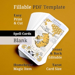 May include: A stack of blank spell cards with a bee and honeycomb design. The cards are labeled "Spell Cards Blank" and "Homebrew Magic Item". The text "Fillable PDF Template" and "Easy Print & Cut" are also visible.