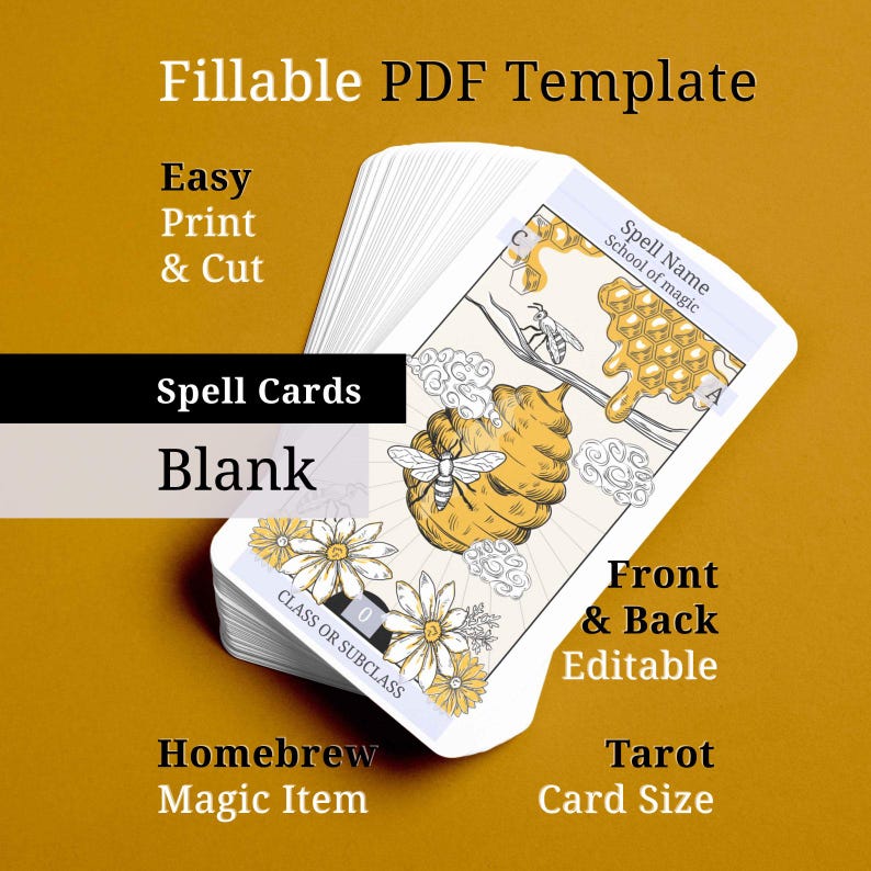 Honey Bee Blank Fillable Spell Cards DnD 5e (PDF): Druid & Ranger, Cottagecore Swarmkeeper, Nature Magic Item Cards Homebrew