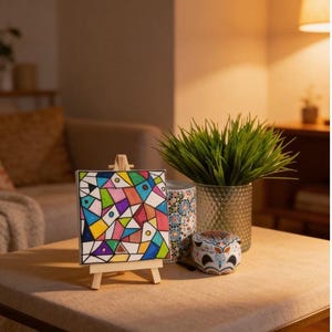 May include: A vibrant abstract painting displayed on a miniature wooden easel. The artwork showcases geometric shapes in diverse colours, including blue, green, yellow, and purple. A decorative plant, a patterned ceramic container, and a small round container are also on the table.