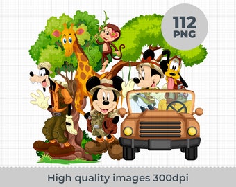Mickey Safari Clipart PNG Digital Download, 90 PNG with transparent backgrounds Mickey and Friends Jungle Animals