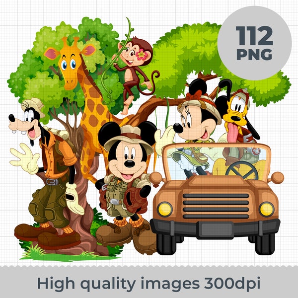 Mickey Safari Clipart PNG Digital Download, 90 PNG with transparent backgrounds Mickey and Friends Jungle Animals